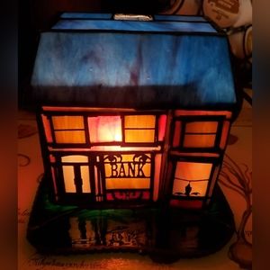 🚫SOLD🚫☆SIGNED☆ Dale Tiffany Inc.   Vintage Stained Glass Bank Lamp